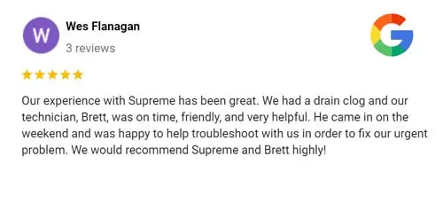 5 star review - supreme plumbing